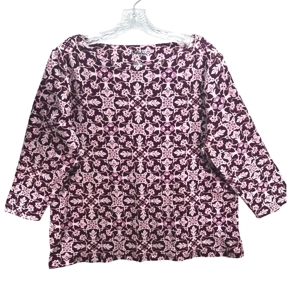 Croft & Barrow Womens XL Purple Medallion Floral Boat Neck 3/4 Sleeve Cotton Top